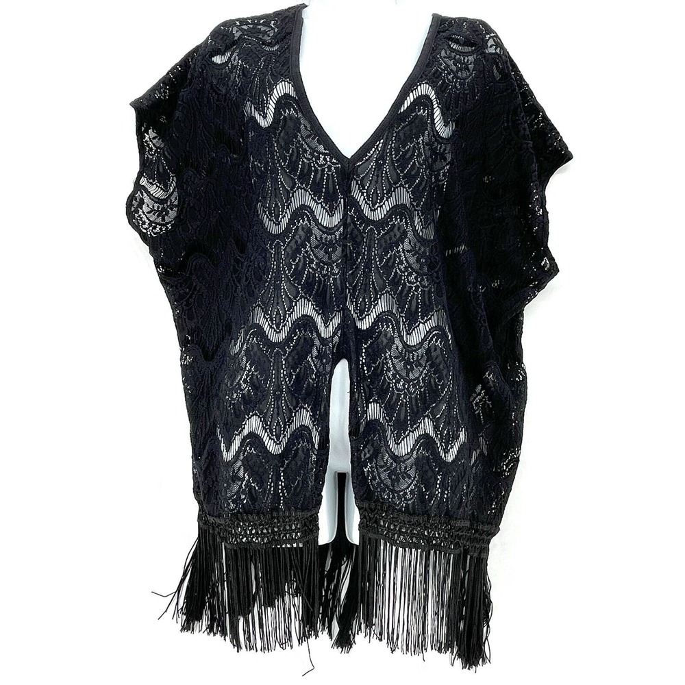 Victorias Secret Swimsuit Swim Cover Medium Large Black Crochet Fringe Hem‎